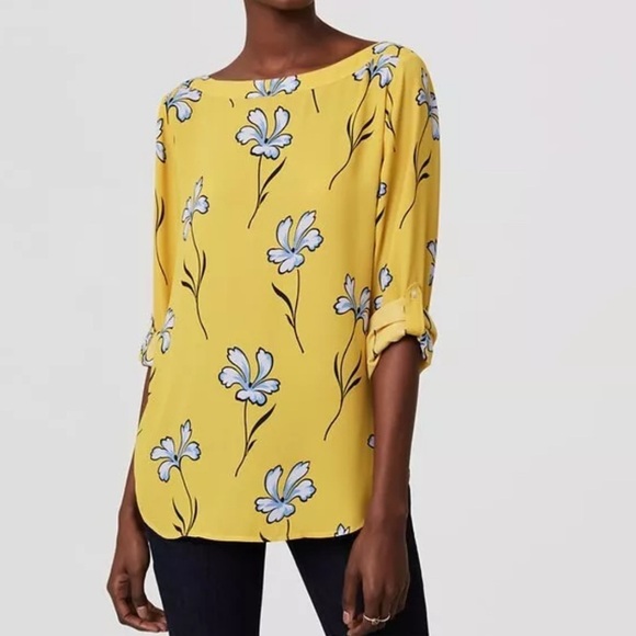 Ann Taylor LOFT Yellow Blue Lily Long Sleeve Roll Tab Blouse Large Flower Office - Picture 1 of 9